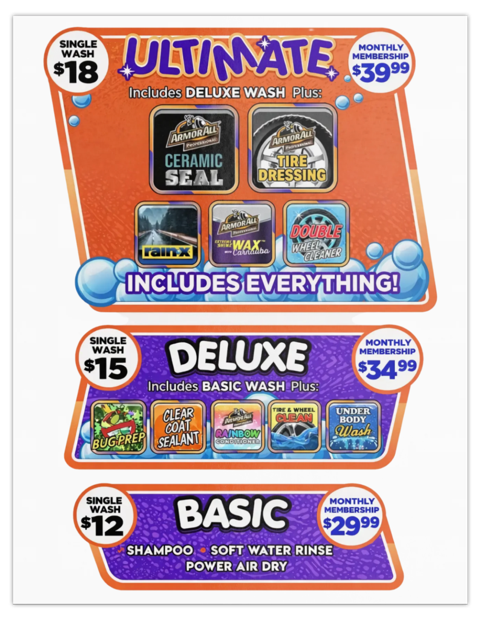 Bubble Up Express Car Wash packages sign